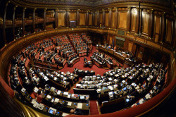 (FILES) - A file picture shows a genral view of the Italian Senate in Rome on April 22, 2015. Italy's Senate voted on October 13, 2015 in favour of relinquishing most of its power in a revolutionary move aimed at ending decades of political instability in a victory for Prime Minister Matteo Renzi. Senators voted 179 in favour and 16 against the reform, which will go to a general referendum next year and will drastically reduce the chamber's powers and end its ability to bring down the government. AFP PHOTO / ANDREAS SOLARO