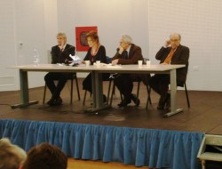 L'incontro su Rino Nicolosi. Da sin. Giovanni Burtone, Carola Colonna, Salvo Andò, Alfonso Sciacca 