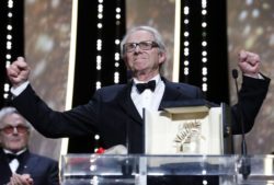 epa05323856 British director Ken Loach reacts as he receives the Palme d'Or (Golden Palm) award for his movie 'I, Daniel Blake' during the Closing Award Ceremony of the 69th Cannes Film Festival, in Cannes, France, 22 May 2016. For the first time in the festival history, the Golden Palm winning movie will be screened at the closing ceremony.  EPA/SEBASTIEN NOGIER