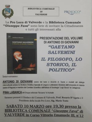Valverde / Domani alla Pro Loco presentazione del libro “Gaetano Salvemini. Il filosofo, lo storico, il politico” di Antonio Di Giovanni