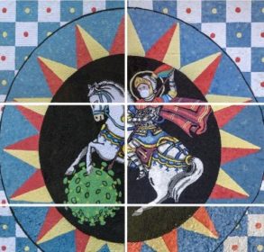 Coronavirus e dintorni / L’associazione Coriandolata crea un tappeto di arte effimera raffigurante San Giorgio che sconfigge il Covid-19